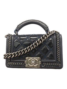 Chanel Handbag Boy Top Handle Lambskin Navy Silver 2-Way Bag